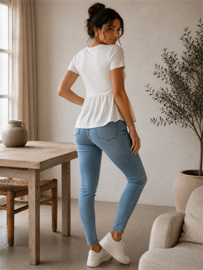 Kadın Beyaz Volan Kesim Baby Doll Bluz Bisiklet Yaka Kısa Kollu Günlük Şık Bluz