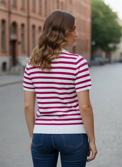 Kadın Çizgili Polo Yaka Triko Bluz – Fuşya Beyaz – Kısa Kollu – 36-40 Beden Uyumu