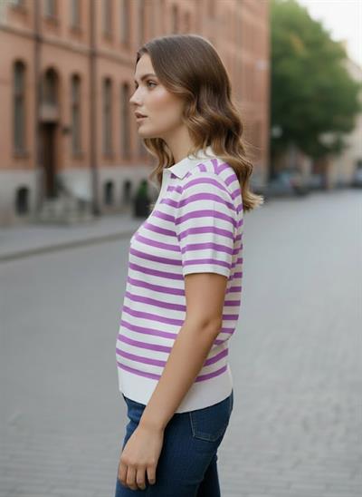 Kadın Çizgili Polo Yaka Triko Bluz –  Lila Beyaz – Kısa Kollu – 36-40 Beden Uyumu