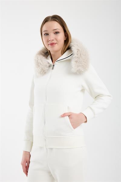 Kadın Ekru Kapüşonu Kürklü (Çıkarılabilir) Fermuarlı Sweatshirt ve Eşofman Altı Takım
