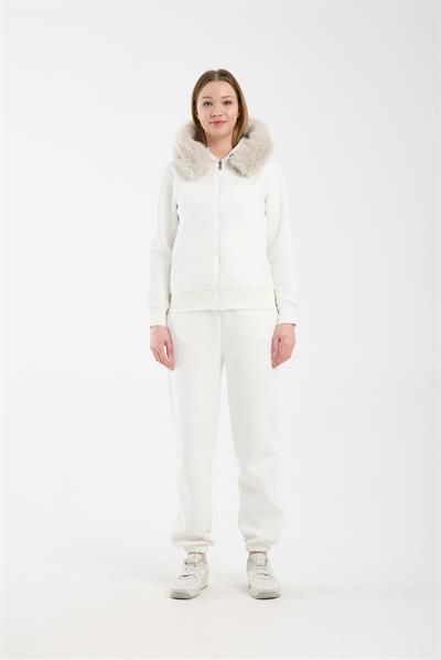 Kadın Ekru Kapüşonu Kürklü (Çıkarılabilir) Fermuarlı Sweatshirt ve Eşofman Altı Takım