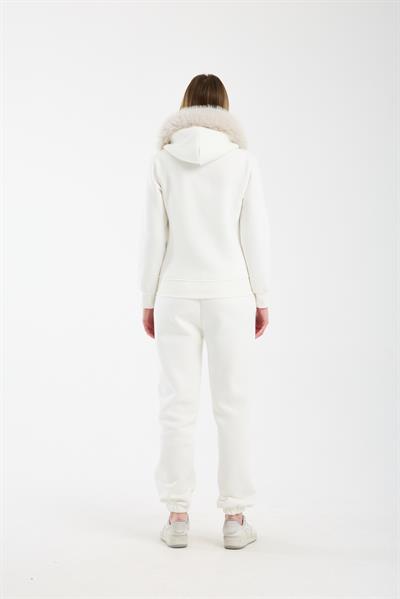 Kadın Ekru Kapüşonu Kürklü (Çıkarılabilir) Fermuarlı Sweatshirt ve Eşofman Altı Takım