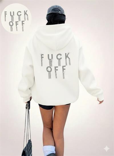 Kadın Ekru Oversize Kapüşonlu Sweatshirt – Taş Detaylı “F*ck Off” Yazılı – Rahat Günlük Kapüşonlu Üst