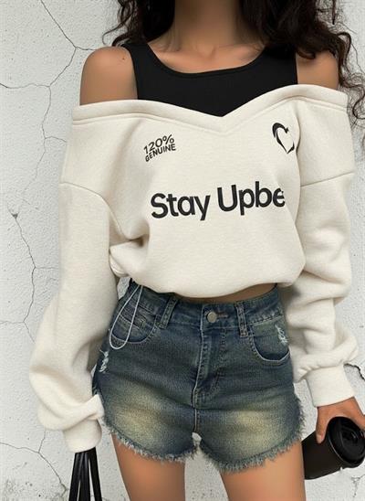 Kadın Ekru Şardonlu İkili Görünüm Sweatshirt - Askılı Atlet Detaylı Oversize Sweat