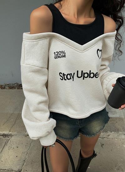 Kadın Ekru Şardonlu İkili Görünüm Sweatshirt - Askılı Atlet Detaylı Oversize Sweat