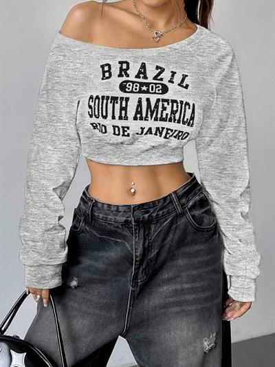 Kadın Gri Brazil South America Baskılı Omzu Açık Crop Sweatshirt