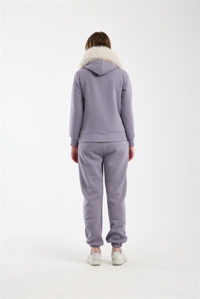 Kadın Gri Kapüşonu Kürklü (Çıkarılabilir) Fermuarlı Sweatshirt ve Eşofman Altı Takım