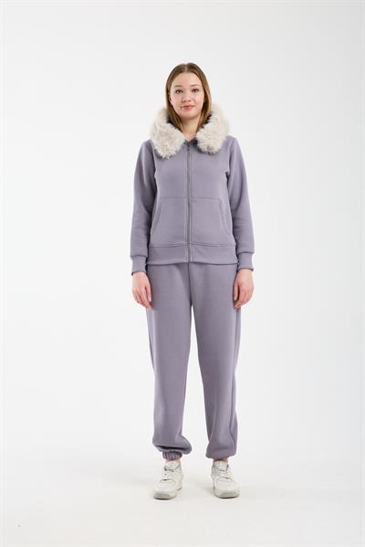 Kadın Gri Kapüşonu Kürklü (Çıkarılabilir) Fermuarlı Sweatshirt ve Eşofman Altı Takım