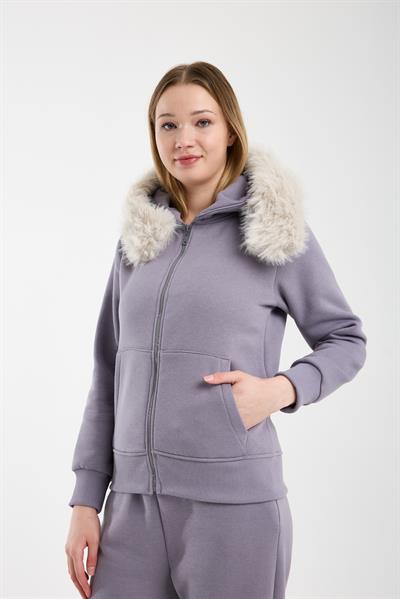 Kadın Gri Kapüşonu Kürklü (Çıkarılabilir) Fermuarlı Sweatshirt ve Eşofman Altı Takım