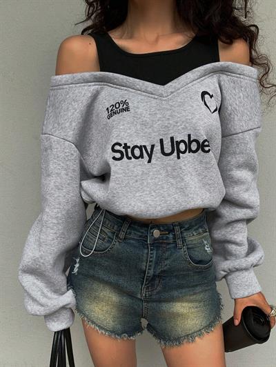 Kadın Gri Şardonlu İkili Görünüm Sweatshirt - Askılı Atlet Detaylı Oversize Sweat