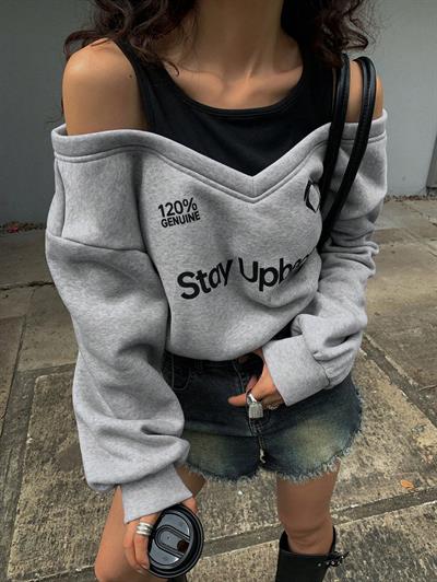Kadın Gri Şardonlu İkili Görünüm Sweatshirt - Askılı Atlet Detaylı Oversize Sweat