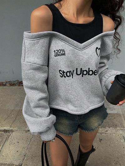 Kadın Gri Şardonlu İkili Görünüm Sweatshirt - Askılı Atlet Detaylı Oversize Sweat