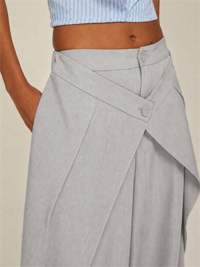 Kadın Gri Yüksek Bel Kruvaze Detaylı Bol Paça Pantolon – Şık & Rahat Oversize Pantolon