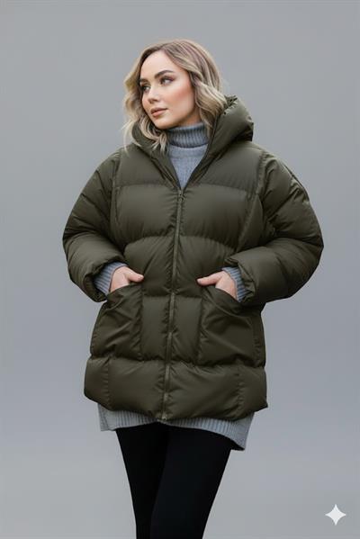 Kadın Haki Kapüşonlu Şişme Mont – Oversize Kışlık Kalın Mont –  Soğuk Geçirmez Şişme Mont