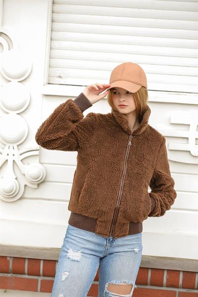 Kadın Kahverengi Teddy Peluş Mont Astarlı Fermuarlı Cepli Sıcak Tutucu Rahat Günlük Dış Giyim