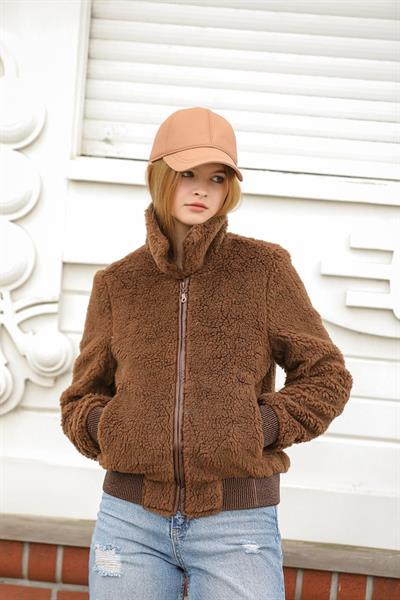 Kadın Kahverengi Teddy Peluş Mont Astarlı Fermuarlı Cepli Sıcak Tutucu Rahat Günlük Dış Giyim