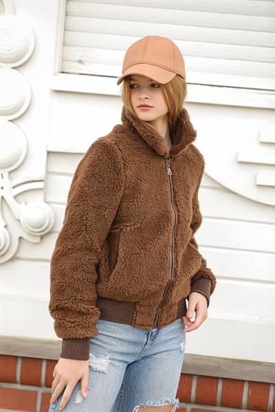 Kadın Kahverengi Teddy Peluş Mont Astarlı Fermuarlı Cepli Sıcak Tutucu Rahat Günlük Dış Giyim