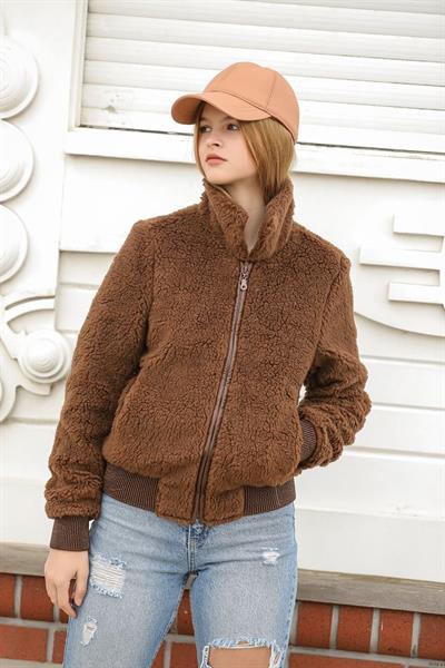 Kadın Kahverengi Teddy Peluş Mont Astarlı Fermuarlı Cepli Sıcak Tutucu Rahat Günlük Dış Giyim