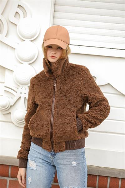 Kadın Kahverengi Teddy Peluş Mont Astarlı Fermuarlı Cepli Sıcak Tutucu Rahat Günlük Dış Giyim