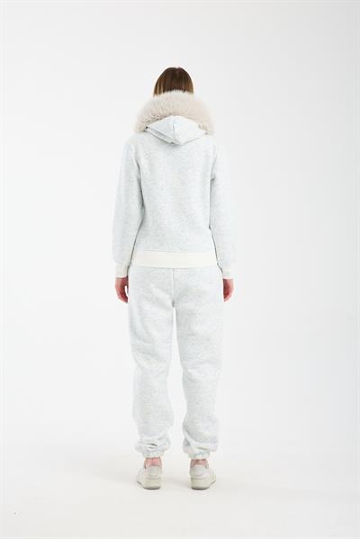 Kadın Kırçıllı Beyaz Kapüşonu Kürklü (Çıkarılabilir) Fermuarlı Sweatshirt ve Eşofman Altı Takım
