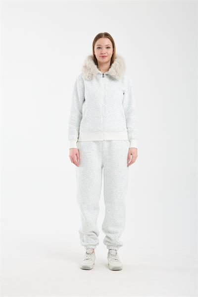 Kadın Kırçıllı Beyaz Kapüşonu Kürklü (Çıkarılabilir) Fermuarlı Sweatshirt ve Eşofman Altı Takım