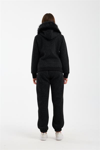 Kadın Kırçıllı Siyah Kapüşonu Kürklü (Çıkarılabilir) Fermuarlı Sweatshirt ve Eşofman Altı Takım