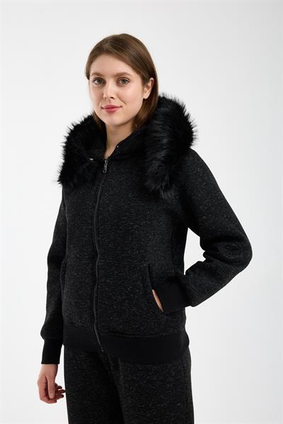 Kadın Kırçıllı Siyah Kapüşonu Kürklü (Çıkarılabilir) Fermuarlı Sweatshirt ve Eşofman Altı Takım