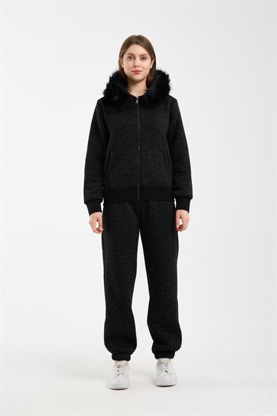 Kadın Kırçıllı Siyah Kapüşonu Kürklü (Çıkarılabilir) Fermuarlı Sweatshirt ve Eşofman Altı Takım