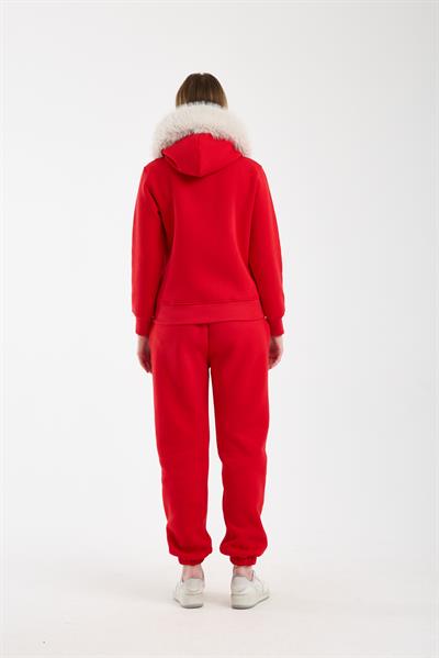 Kadın Kırmızı Kapüşonu Kürklü (Çıkarılabilir) Fermuarlı Sweatshirt ve Eşofman Altı Takım
