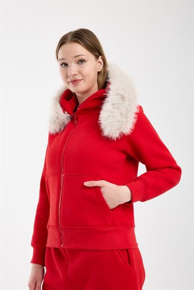 Kadın Kırmızı Kapüşonu Kürklü (Çıkarılabilir) Fermuarlı Sweatshirt ve Eşofman Altı Takım