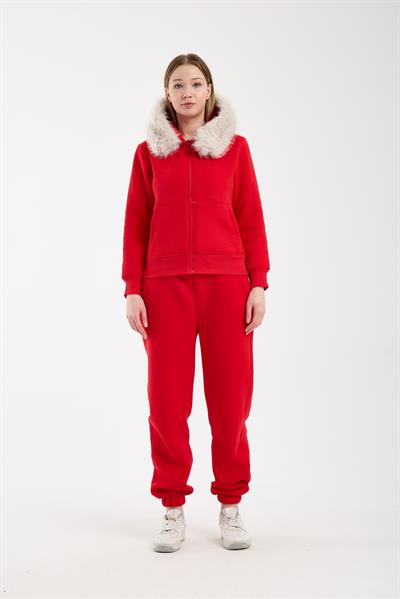 Kadın Kırmızı Kapüşonu Kürklü (Çıkarılabilir) Fermuarlı Sweatshirt ve Eşofman Altı Takım