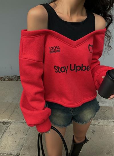Kadın Kırmızı Şardonlu İkili Görünüm Sweatshirt - Askılı Atlet Detaylı Oversize Sweat