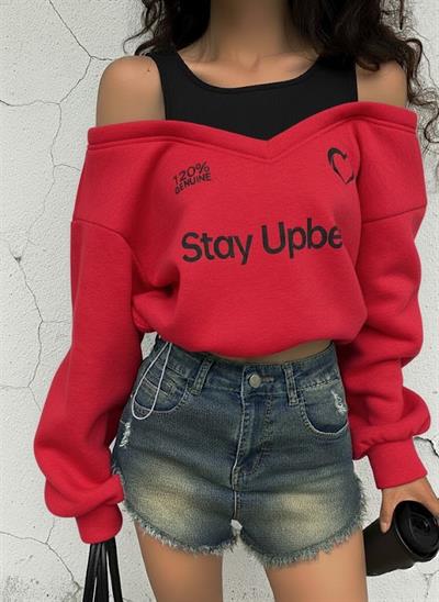 Kadın Kırmızı Şardonlu İkili Görünüm Sweatshirt - Askılı Atlet Detaylı Oversize Sweat