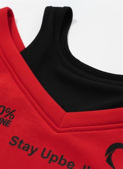 Kadın Kırmızı Şardonlu İkili Görünüm Sweatshirt - Askılı Atlet Detaylı Oversize Sweat