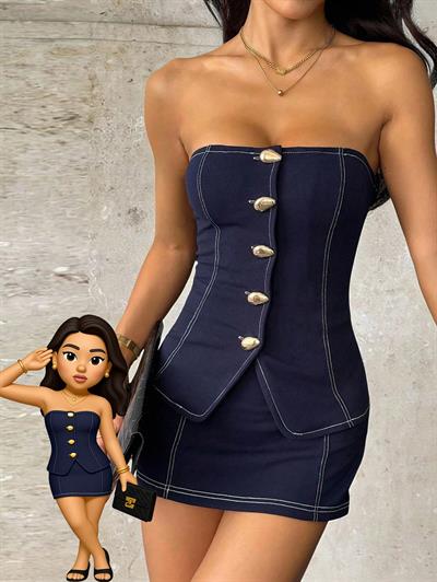 Kadın Lacivert Straplez Dokuma Kumaş Bluz Etek Takım Düğmeli Büstiyer Mini Etek Şık Kombin