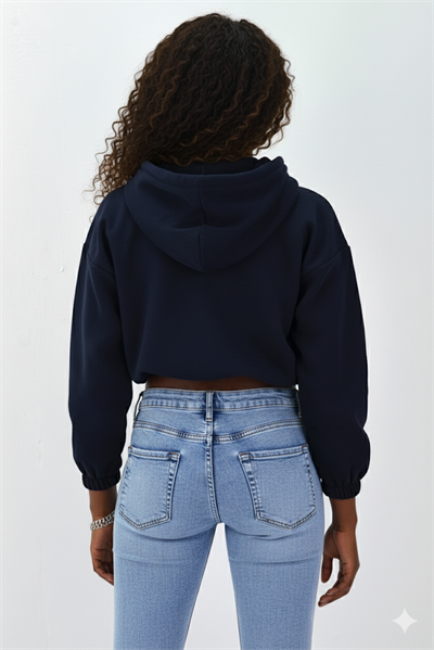 Kadın Neon Christian Drop Yazılı Kapüşonlu Crop Kesim Lacivert Sweatshirt Nakış İşlemeli