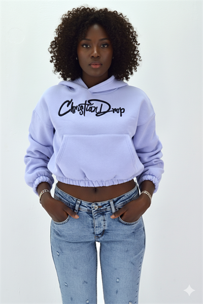 Kadın Neon Christian Drop Yazılı Kapüşonlu Crop Kesim Lila Sweatshirt Nakış İşlemeli