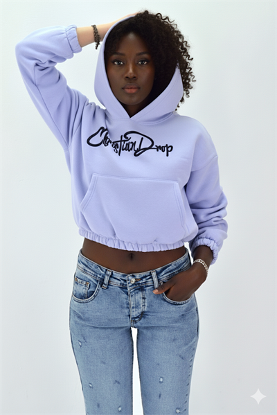 Kadın Neon Christian Drop Yazılı Kapüşonlu Crop Kesim Lila Sweatshirt Nakış İşlemeli