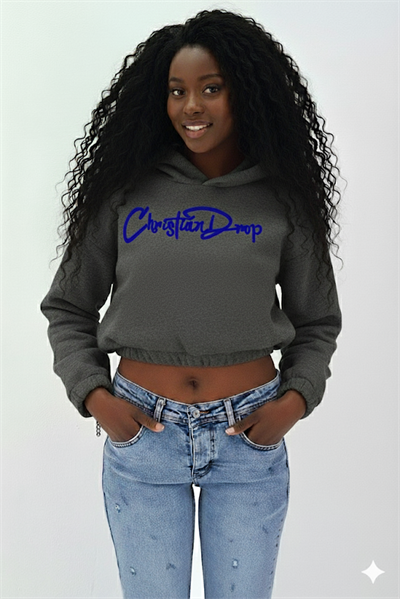 Kadın Neon Christian Drop Yazılı Kapüşonlu Crop Kesim Antrasit Sweatshirt Nakış İşlemeli
