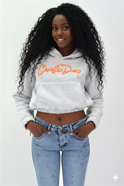 Kadın Neon Christian Drop Yazılı Kapüşonlu Crop Kesim Gri Sweatshirt Nakış İşlemeli