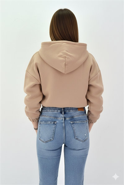 Kadın Neon Christian Drop Yazılı Kapüşonlu Crop Kesim Vizon Sweatshirt Nakış İşlemeli