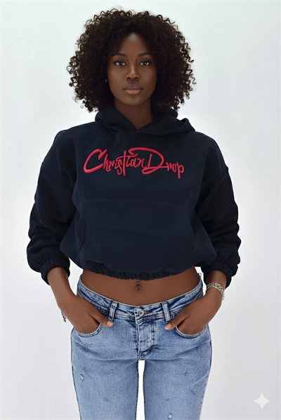 Kadın Neon Christian Drop Yazılı Kapüşonlu Crop Kesim Lacivert Sweatshirt Nakış İşlemeli