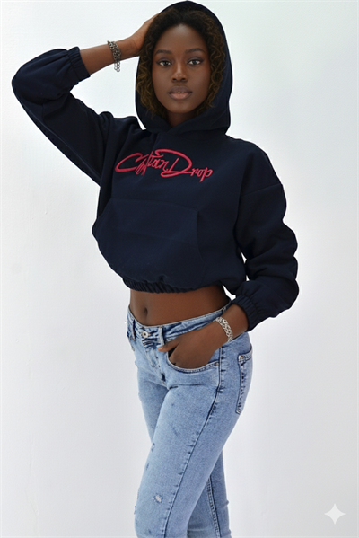 Kadın Neon Christian Drop Yazılı Kapüşonlu Crop Kesim Lacivert Sweatshirt Nakış İşlemeli