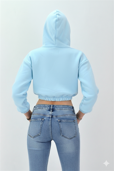 Kadın Neon Christian Drop Yazılı Kapüşonlu Crop Kesim Mavi Sweatshirt Nakış İşlemeli