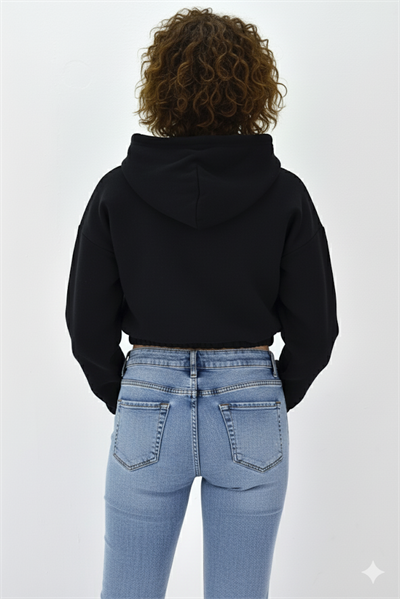Kadın Neon Christian Drop Yazılı Kapüşonlu Crop Kesim Siyah Sweatshirt Nakış İşlemeli