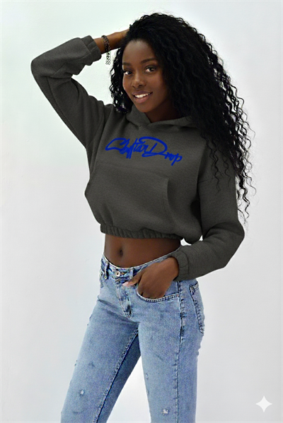 Kadın Neon Christian Drop Yazılı Kapüşonlu Crop Kesim Antrasit Sweatshirt Nakış İşlemeli