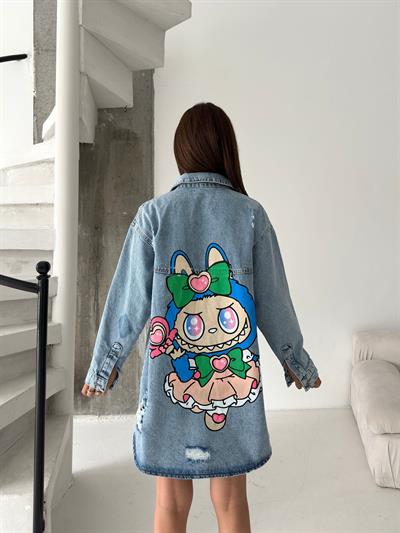 Kadın Oversize Baskılı Jean Kot Ceket – Labubu Desenli