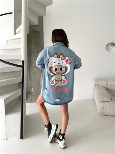 Kadın Oversize Baskılı Jean Kot Ceket – Labubu Desenli