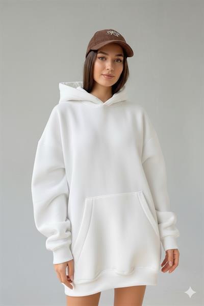 Kadın Oversize Beyaz Sweatshirt  3 İplik Şardonlu Kapüşonlu Cepli – Rahat Kalıp