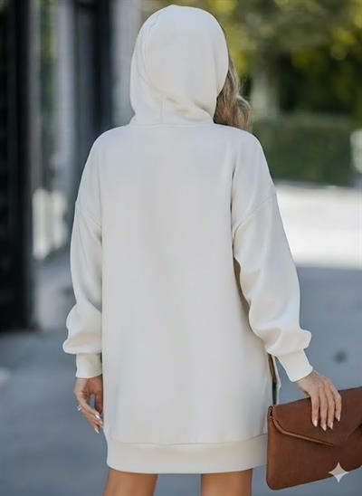 Kadın Oversize Kapüşonlu Sweatshirt Yan Fermuar Detaylı Uzun Kollu Ekru Tunik